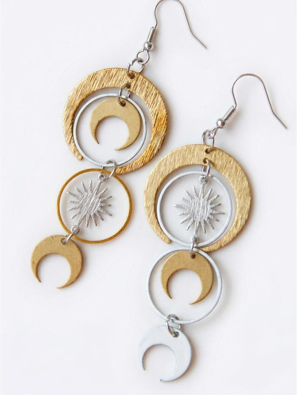 Astraea's Alignment Silver Gold Sun Star Dangle Earrings